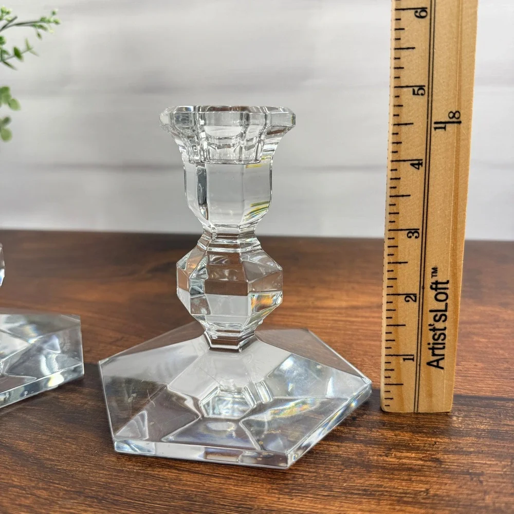 Val St Lambert Crystal Candlestick Holders Pair Hexagonal Base Belgian Glass